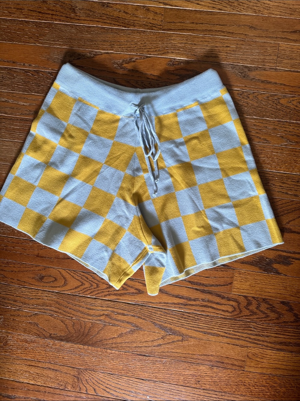 Checkerboard Knit Drawstring Shorts - Yellow & Light Blue